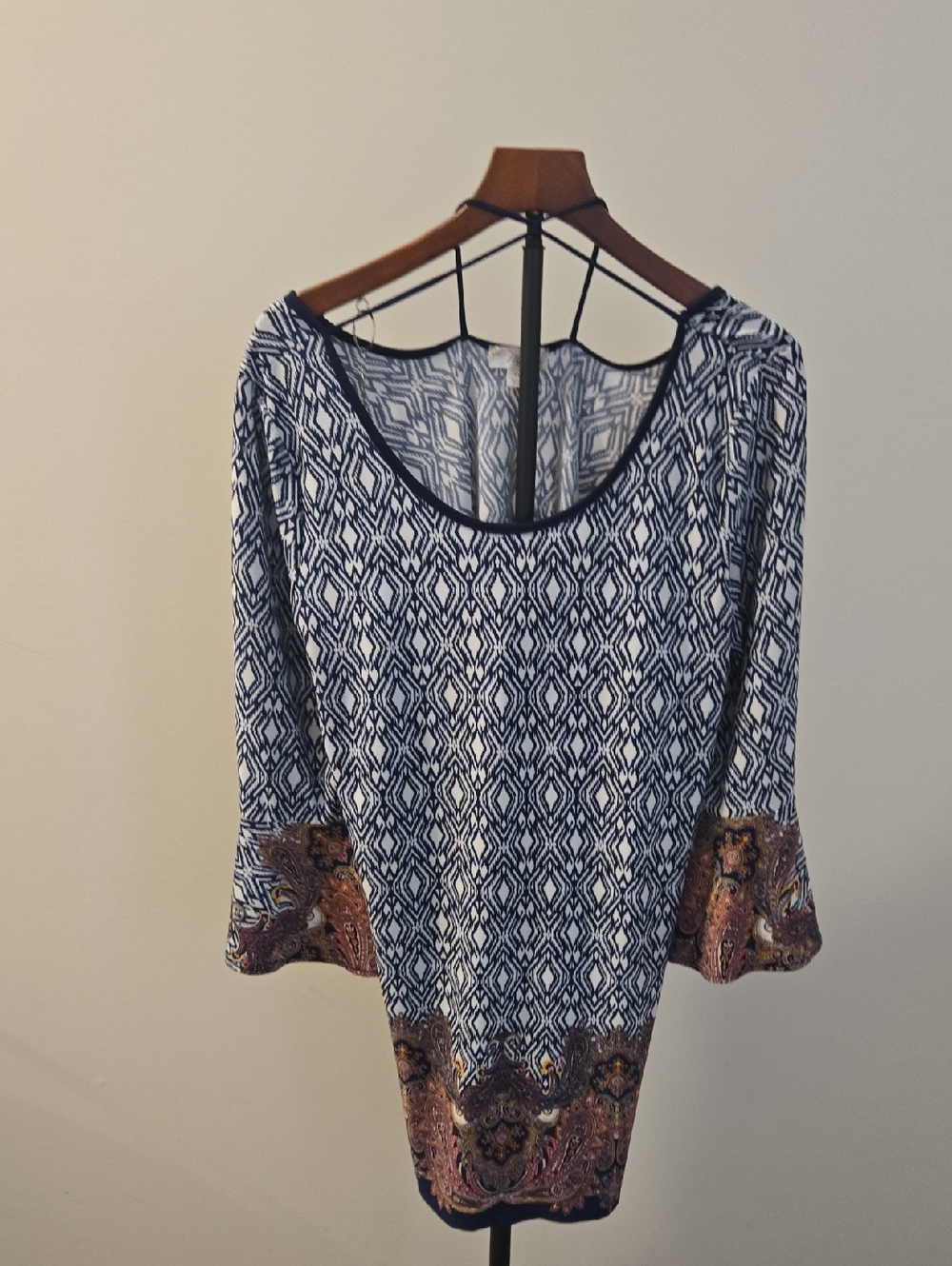 Navy & White Geometric Scoop-Neck Tunic with Paisley Trim